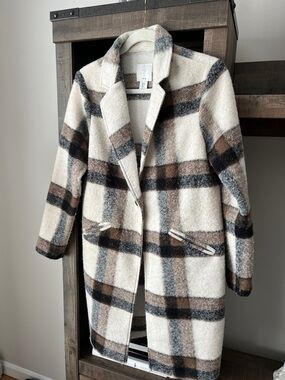 Joie Cream Plaid Trench Coat with Brown & Gray Stripes
